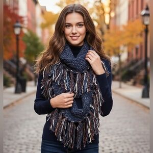 Stylish Navy Infinity Fringe Scarf One Size